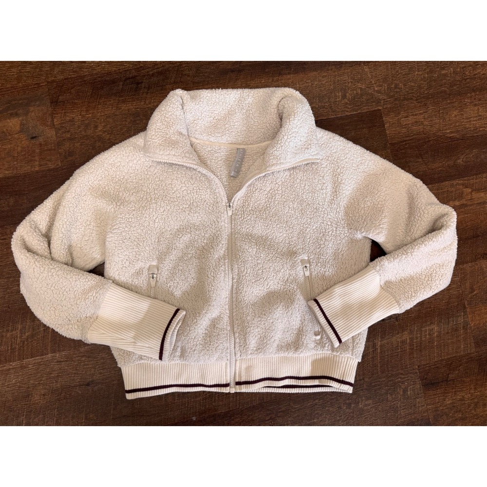 Athleta Sherpa Fleece Jacket Women S Cream Full Zip Bomber Varsity Cozy